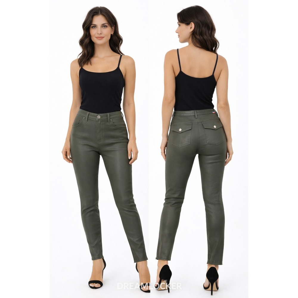 Etienne Marcel Womens Luxury Coated Skinny Pants Olive Green Utility Size 25